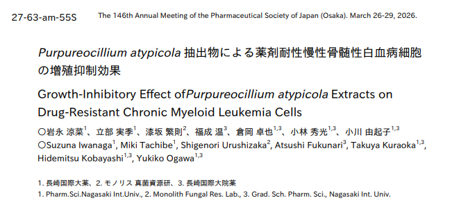 Purpureocillium atypicola 抽出物による薬剤耐性慢性骨髄性白血病細胞の増殖抑制効果イメージ